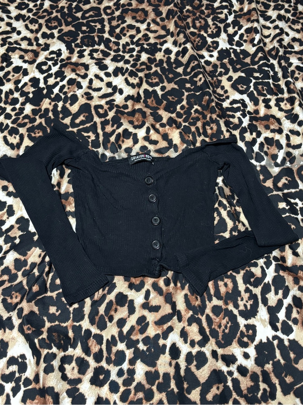 Fashion Nova Black Ribbed Button Front Top with Leopard Accent